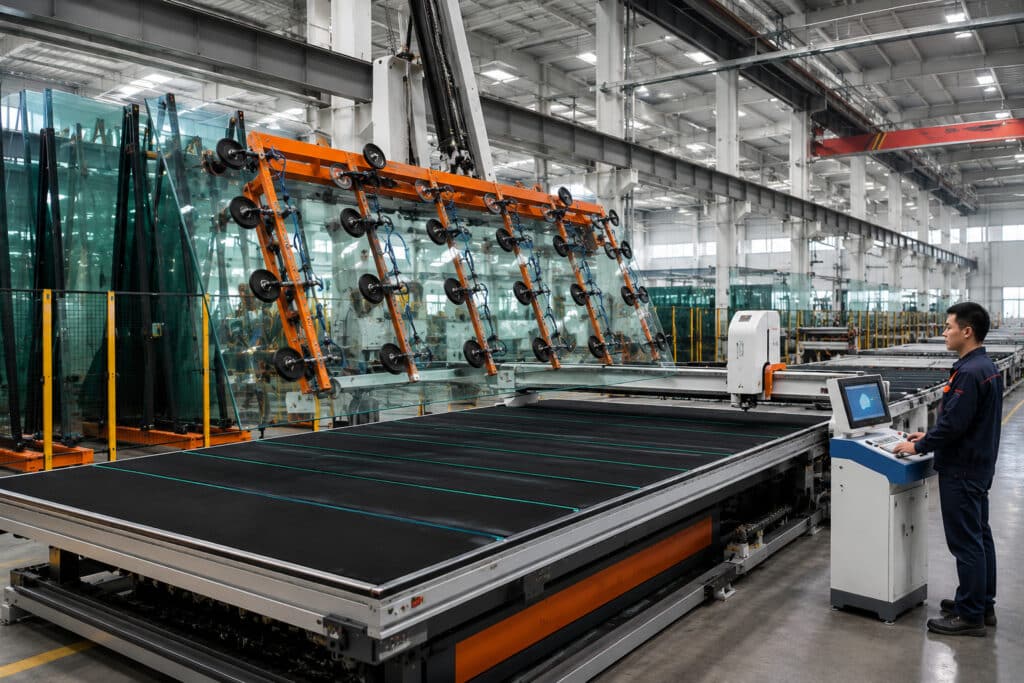 Automated vacuum loading system transferring a glass sheet to a CNC cutting machine