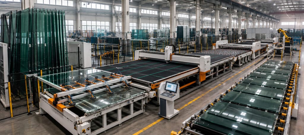 Integrated automatic glass cutting line with loading cutting breakout and sorting equipment