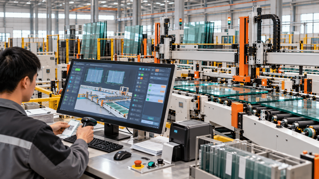 Operator monitoring an automated intelligent glass arrangement system integrated with production software