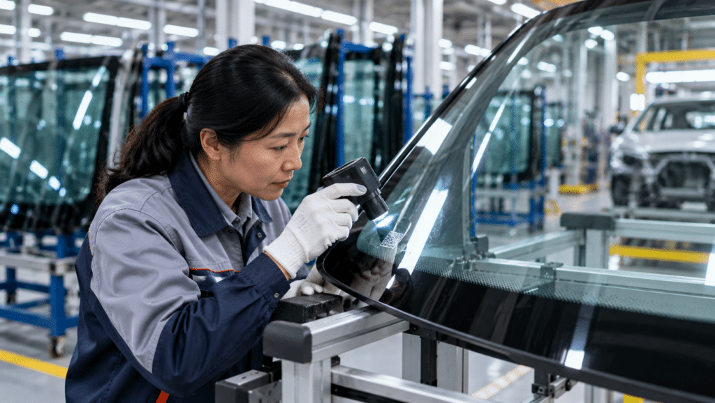 Automotive glass engineer inspecting a permanent laser identification mark on a windshield.