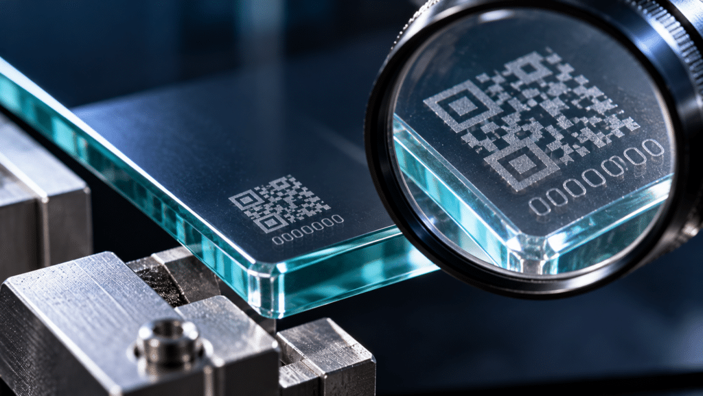 Macro view of permanent laser-etched identification markings on transparent glass.