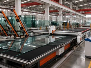 Fully automatic glass cutting machine processing large glass sheets in a modern factory