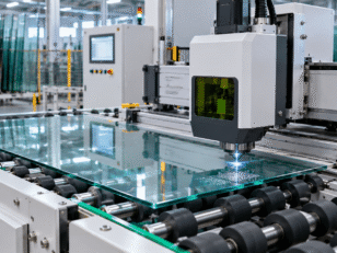 Automatic laser marking machine creating permanent identification on architectural glass.